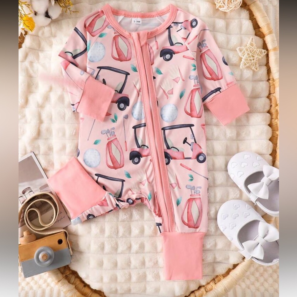 Never worn Pink Golf Cart Print Zip-Front Baby One-Piece